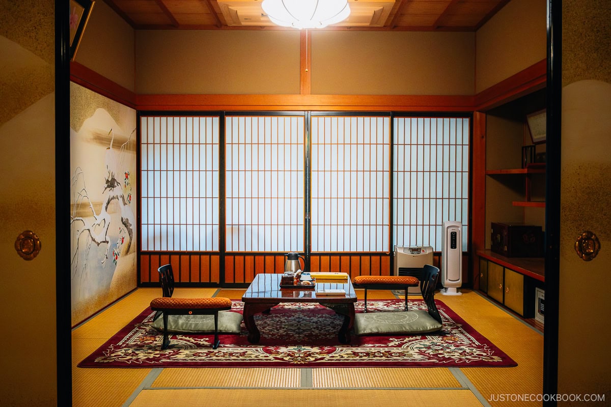 Temple tatami room with seats and temple