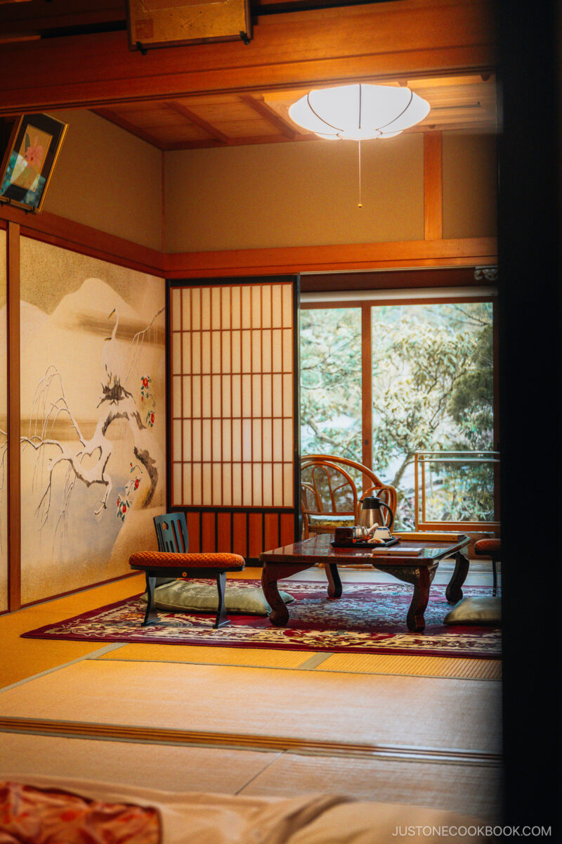 Temple tatami room with seats and temple