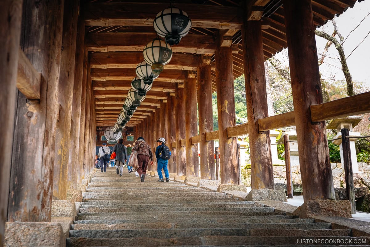 Stone stairs under wooden roof