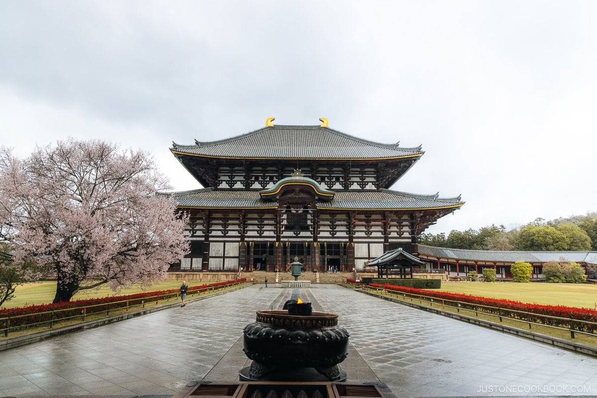Incense burner with temple and cherry blossoms in the background