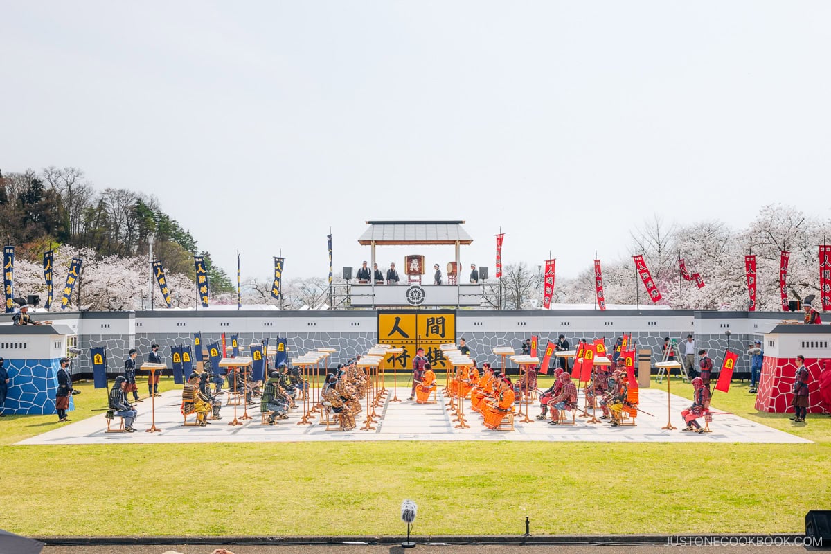 Life size human chess under cherry blossoms