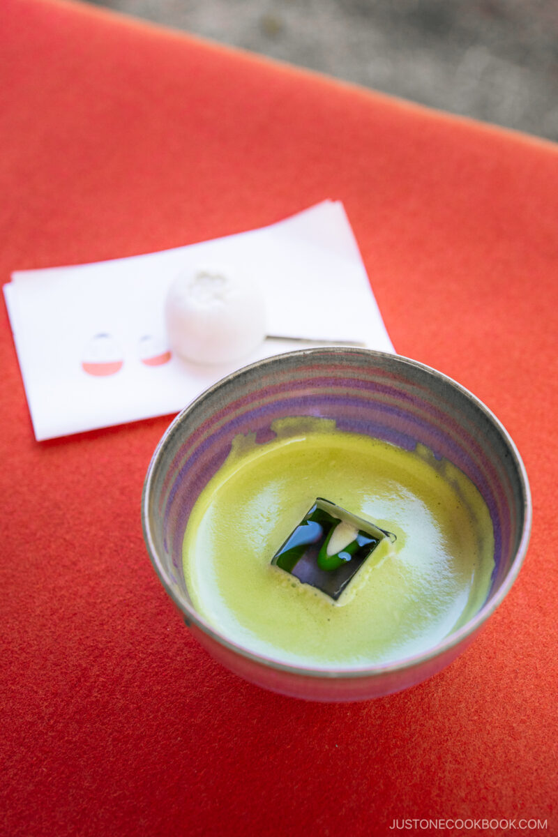 Bowl of ice matcha and wagashi