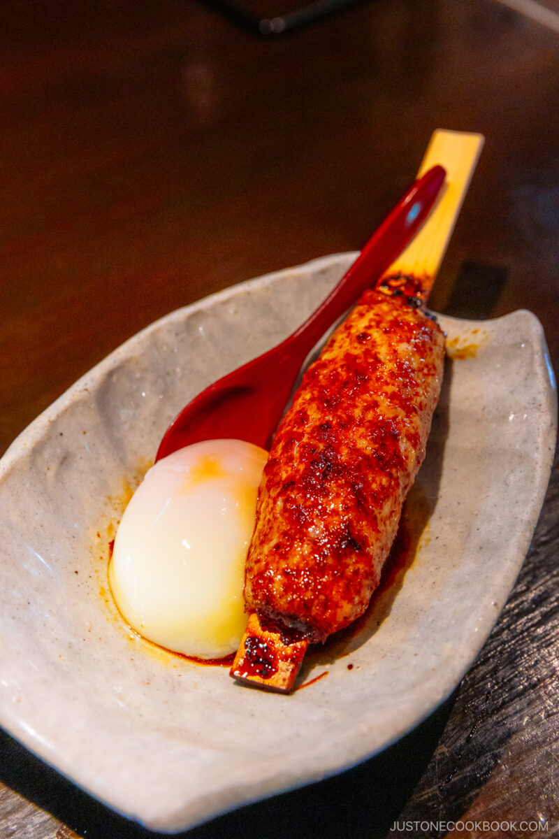 Tsukune yakitori with an egg