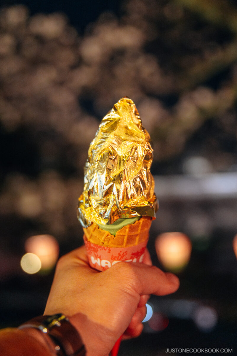 Gold leaf wrapped matcha ice cream