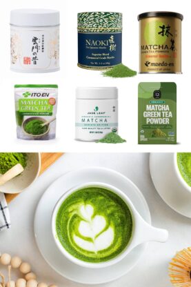 A collage displays six containers of the best matcha powders from various brands and a cup of matcha latte with leaf-shaped latte art on a saucer beside a bamboo whisk.