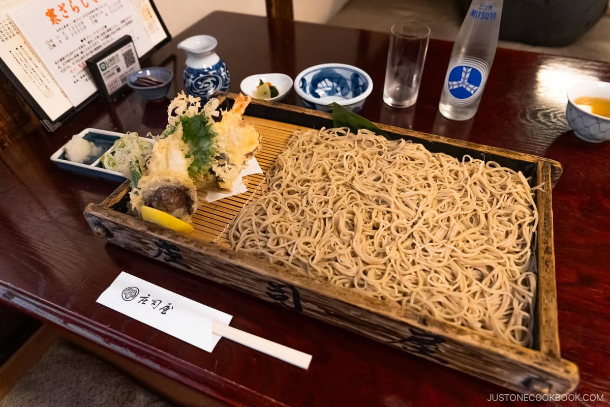 Soba noodles and tempura in a wooden box