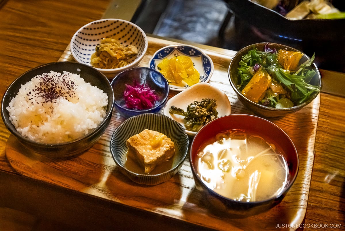 Tray of rice, soup, salad, and pickles