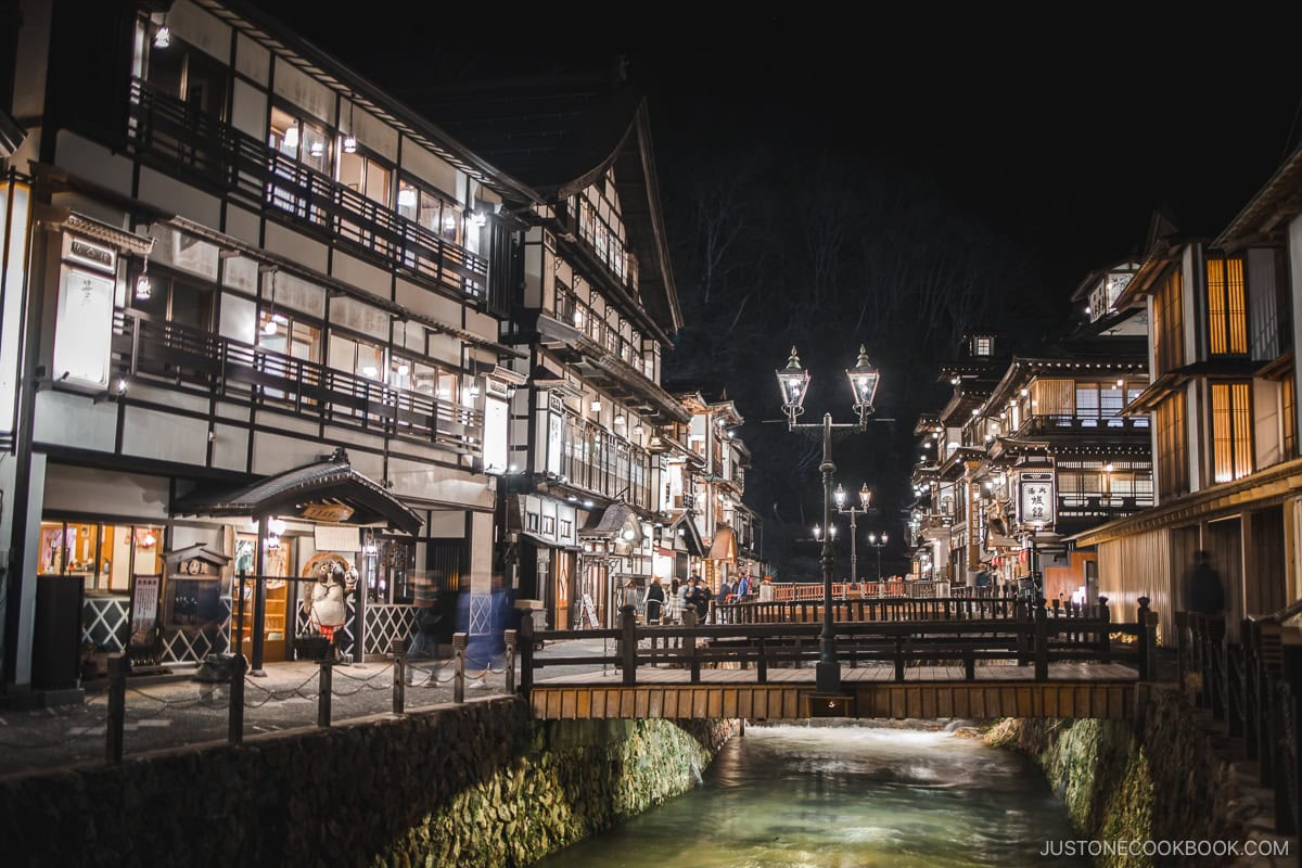 Hot spring town illuminated at night