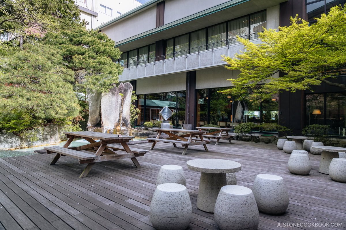 Hotel courtyard with benches