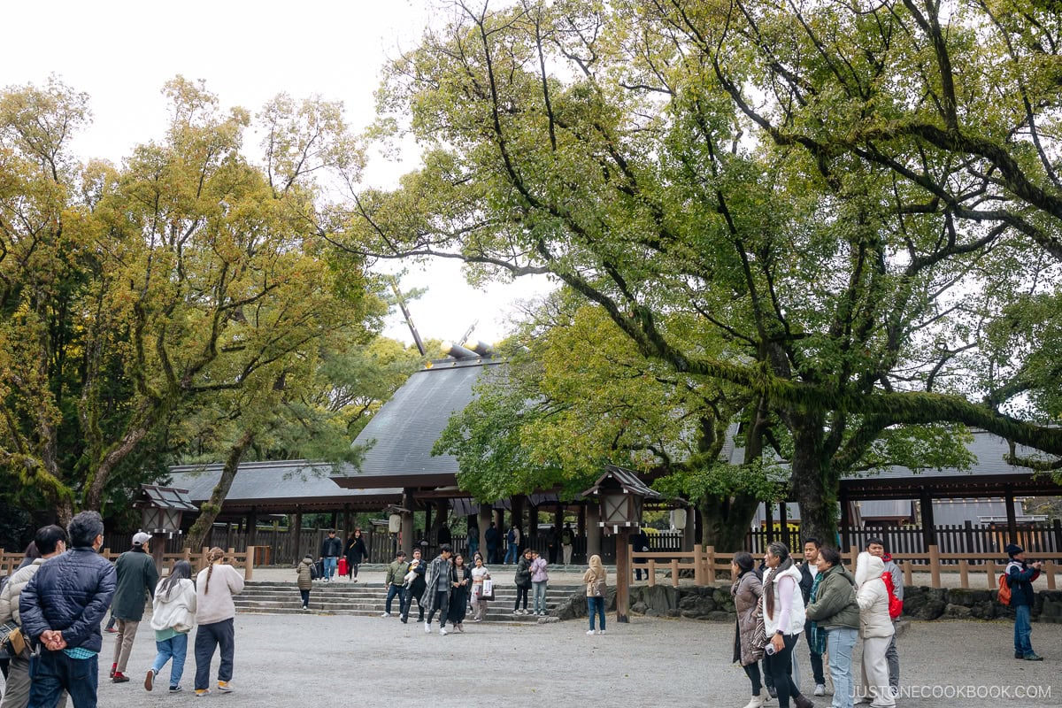 people walking around shrine grounds