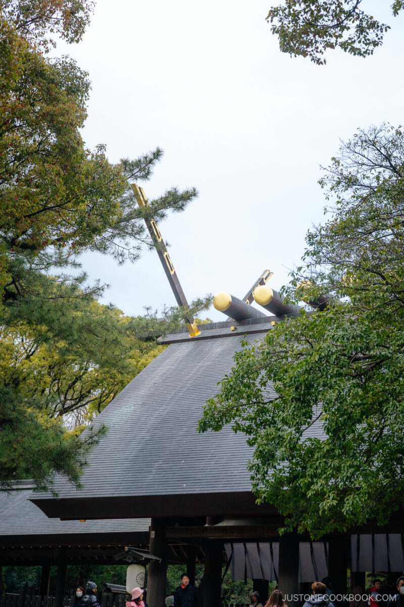 black pillars on the roof accented with gold