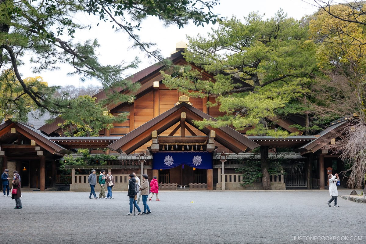 grand shrine with visitors in front
