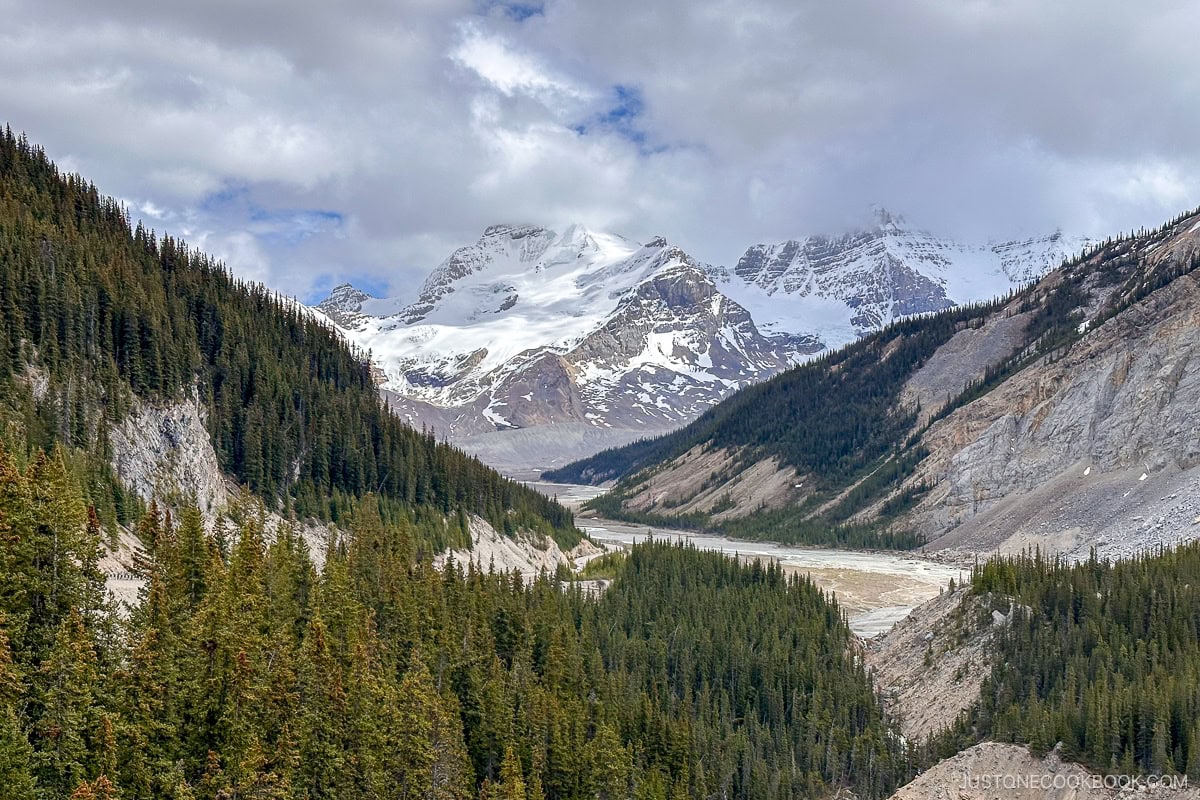 view of mountain peaks around Columbia Icefield Skywalk