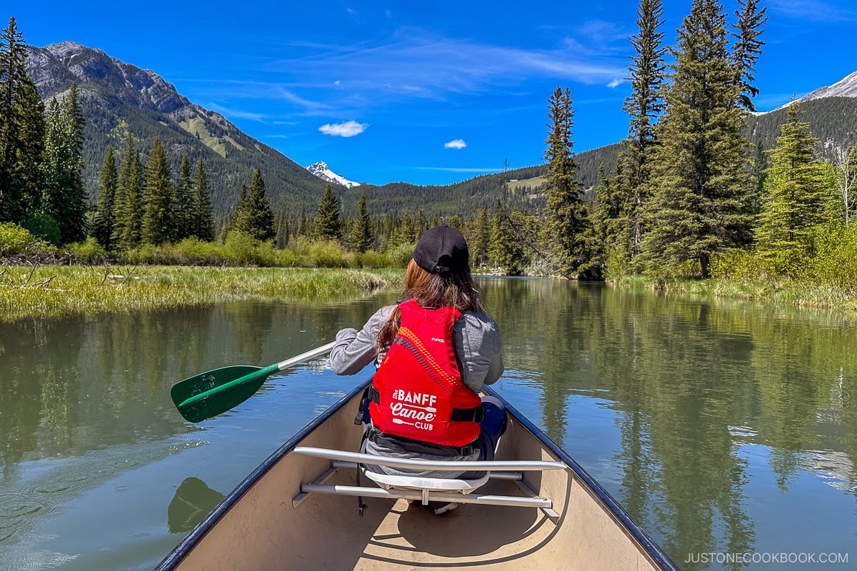 a person on canoe looking at scenery