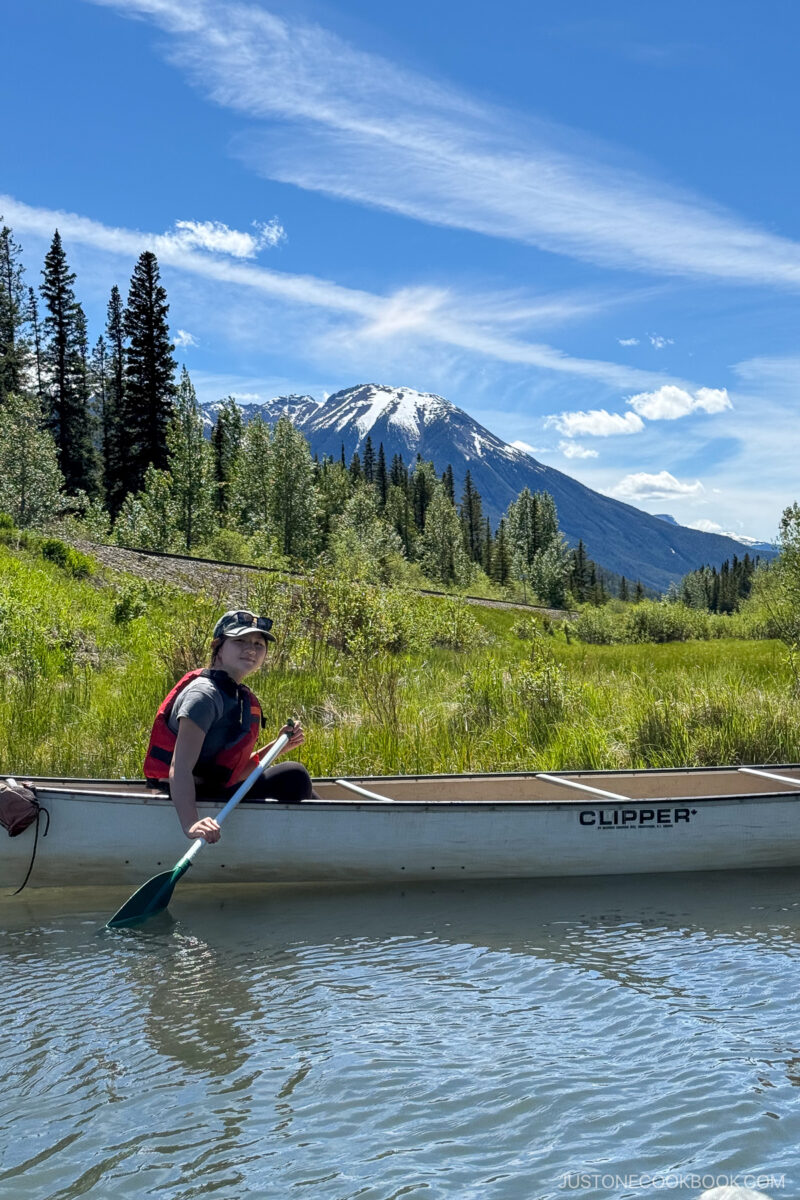 a person on a canoe next to shurbs