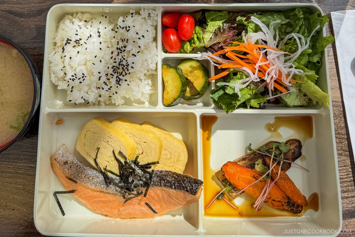 Japanese breakfast with salmon and egg