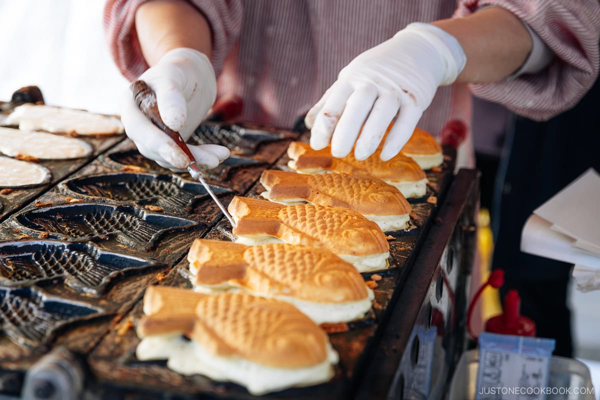 Taiyaki being grilled