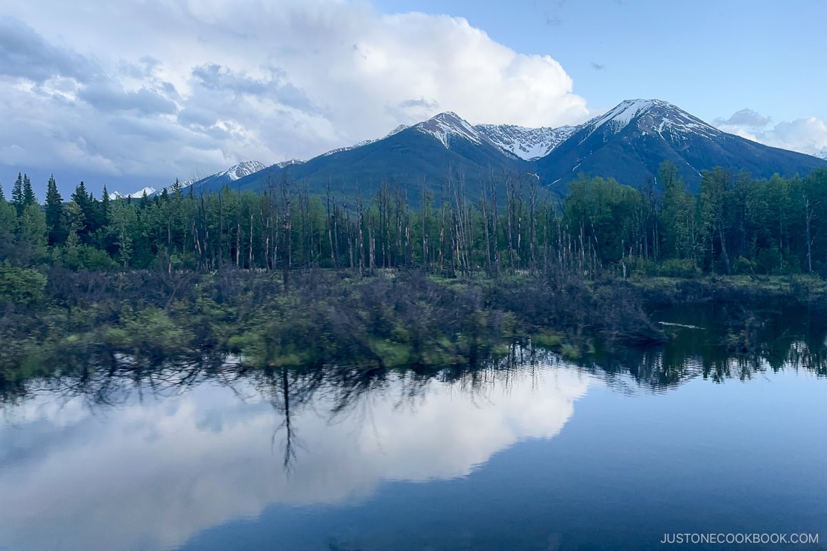 view of Bow River and mountain peaks