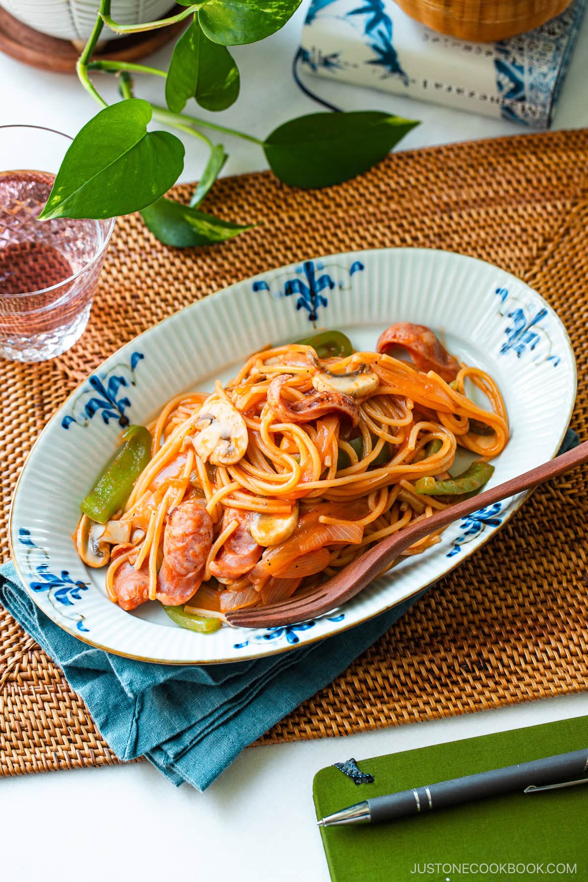 An oval plate containing Napolitan (Japanese Ketchup Spaghetti).