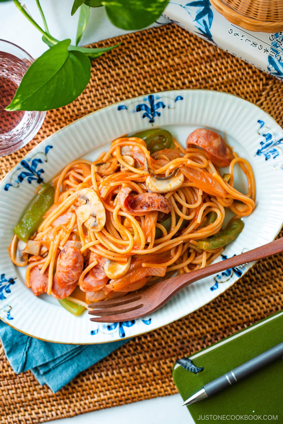 An oval plate containing Napolitan (Japanese Ketchup Spaghetti).