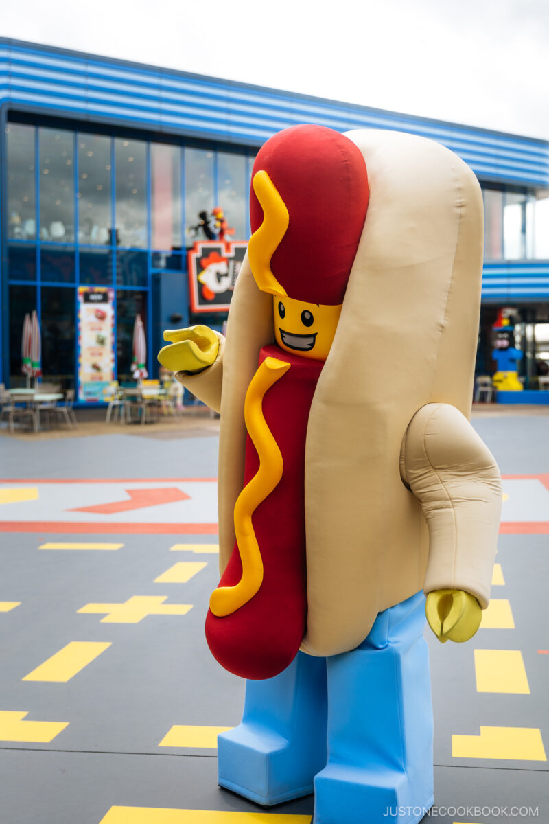 Person in Lego hotdog costume