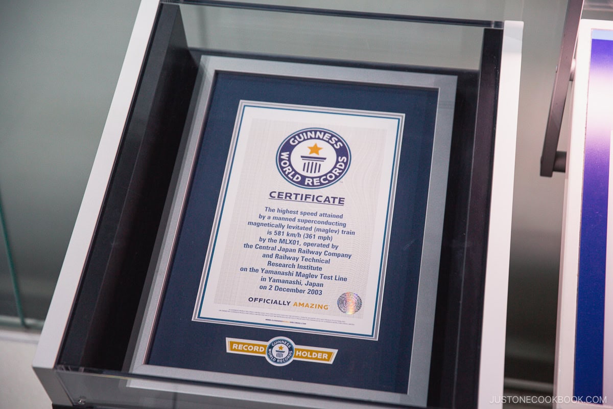 Guinness World Record certificate awarded to the highest speed attained by a magnetic train