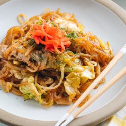 A plate containing Yakisoba with Malony Glass Noodles.
