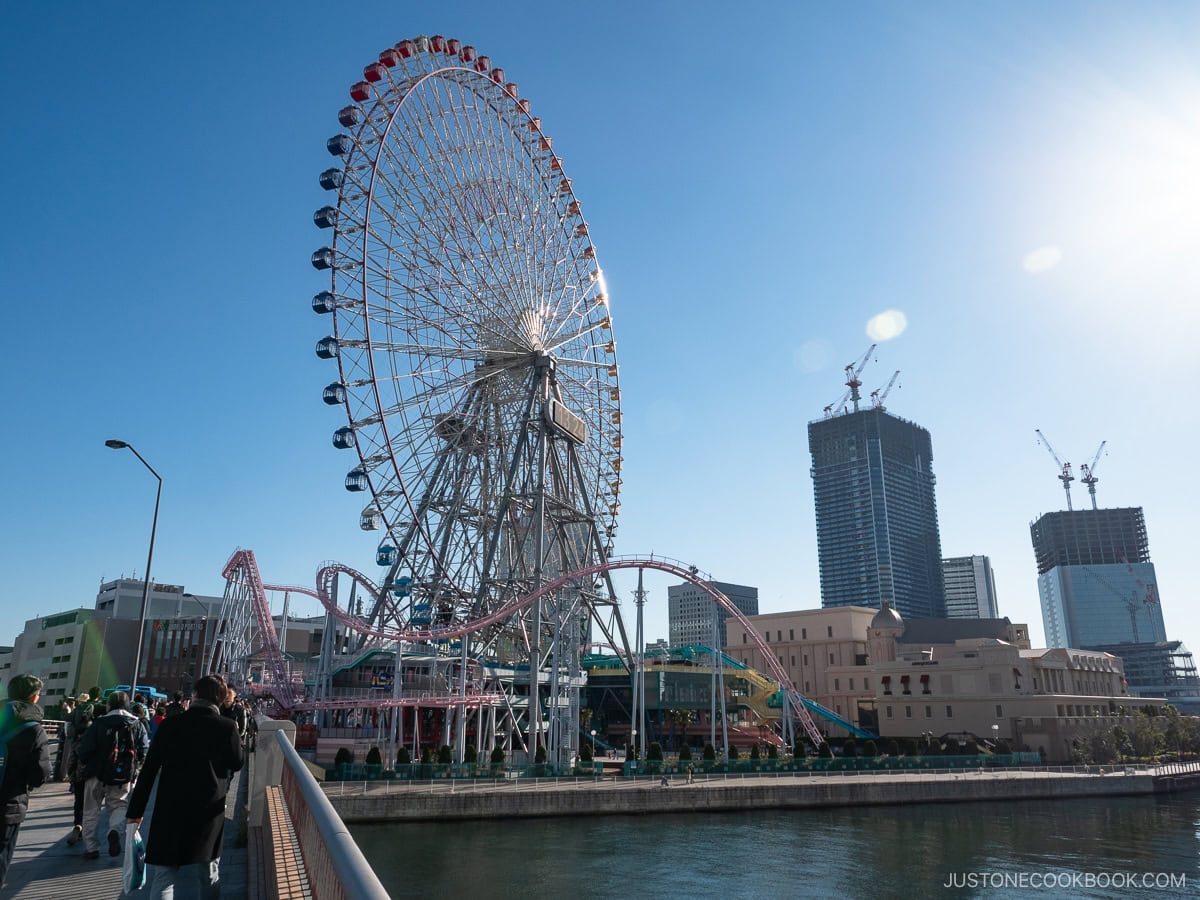 a Ferris Wheel next to buildings
