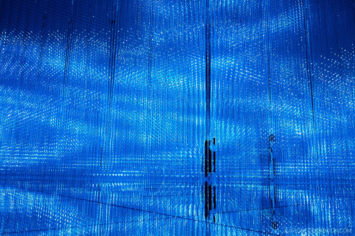 blue led lights hanging from ceiling
