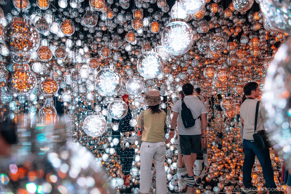 Room filled with hanging glass spheres reflecting LED lights