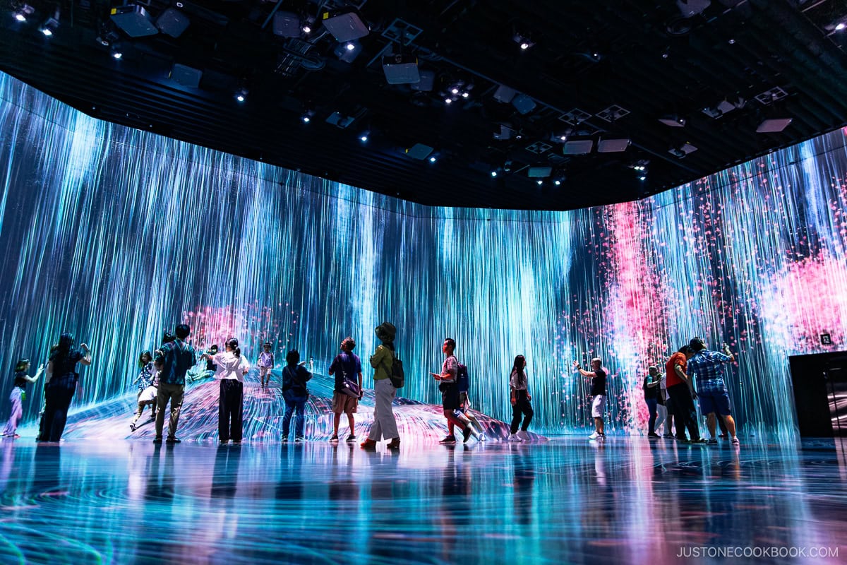People standing in a room with a waterfall projection mapping