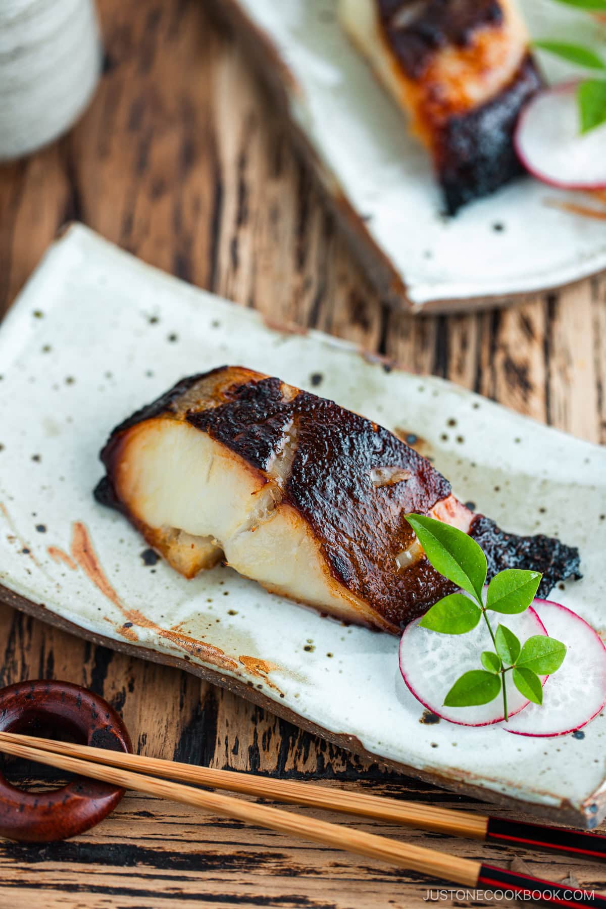 A rectangular plate containing Miso Cod.