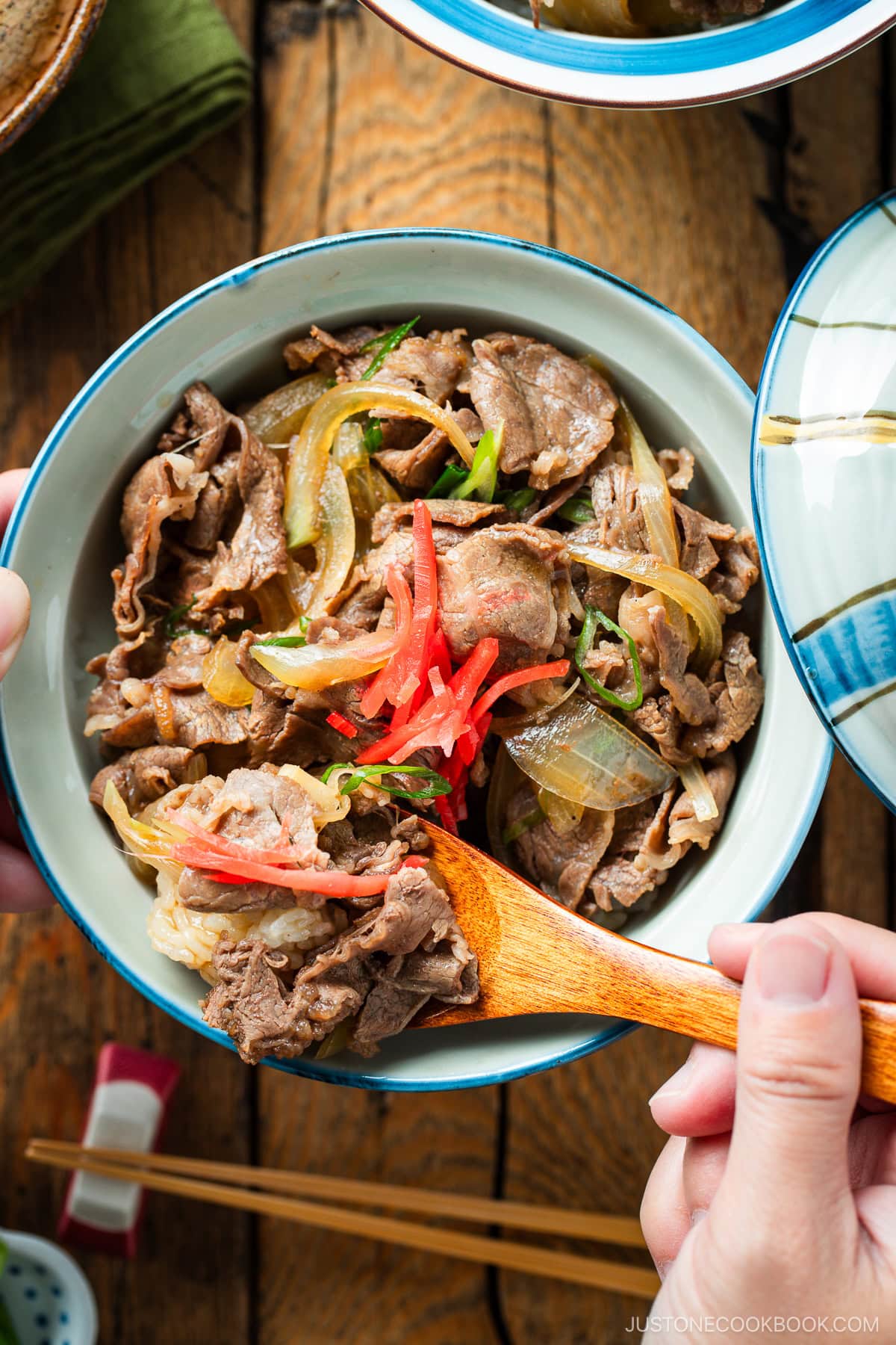 A donburi rice bowl containing gyudon, simmered beef and onions over steamed rice.