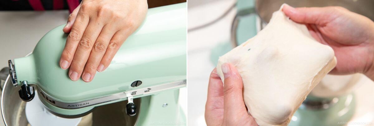 A person uses a stand mixer in the first image, placing a hand on its mint-green top. In the second image, hands stretch japanese milk bread dough to reveal its elasticity and smooth texture.