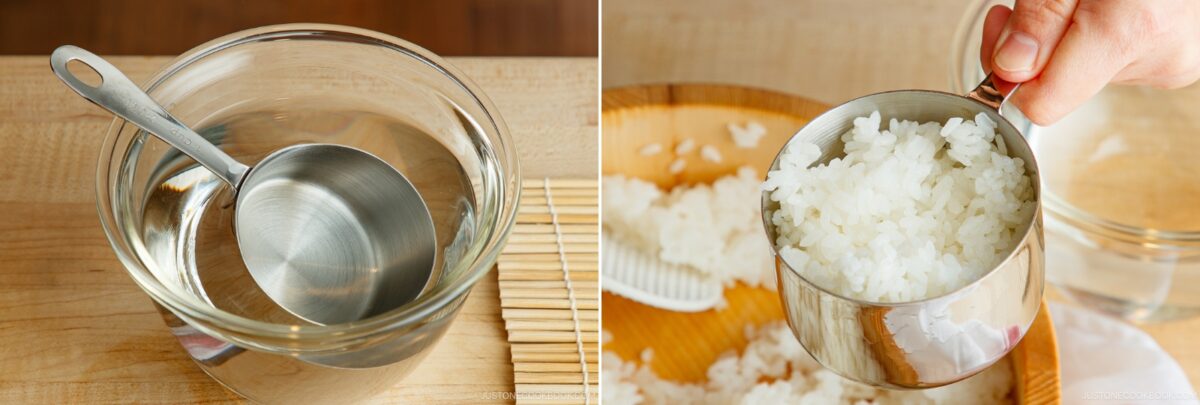 Side-by-side images: a metal measuring cup in a glass bowl of water on the left, and on the right, a hand holding a metal measuring cup filled with cooked white rice—perfect for preparing ehomaki—over a wooden surface.