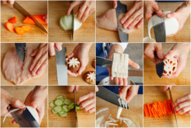 A collage of twelve images showing hands slicing various foods on cutting boards, including bell pepper, onion, chicken, daikon, mushroom, tofu, lotus root, cucumber, and carrot, using a chef’s knife.