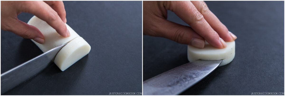 Two side-by-side images show a hand slicing a cylindrical white block of Japanese fish cake (kamaboko) into round pieces with a knife on a dark surface.