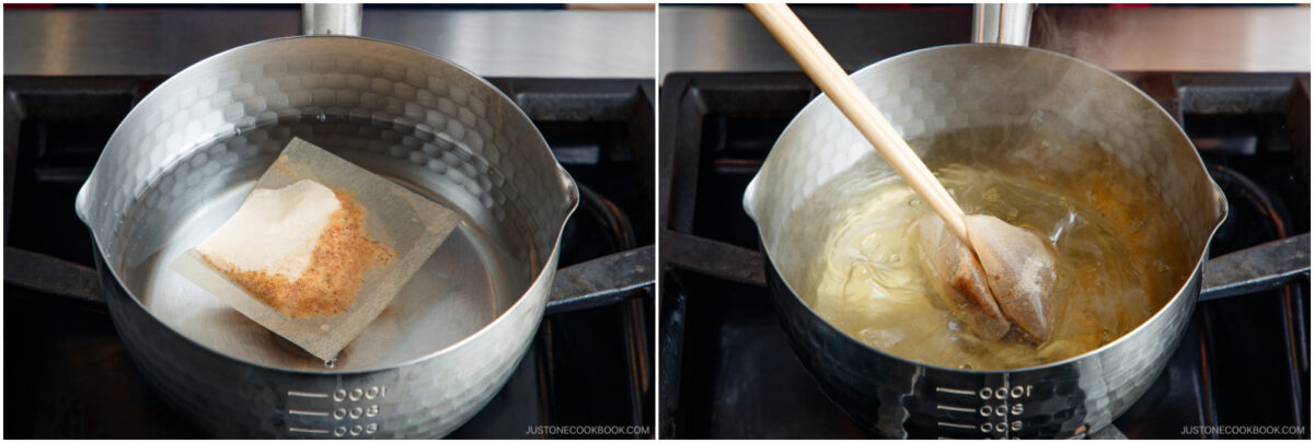 Two-panel image: Left, a soup base packet is boiling in water in a pot on a stove. Right, a wooden spoon stirs the simmering broth in the pot as the packet infuses the liquid.
