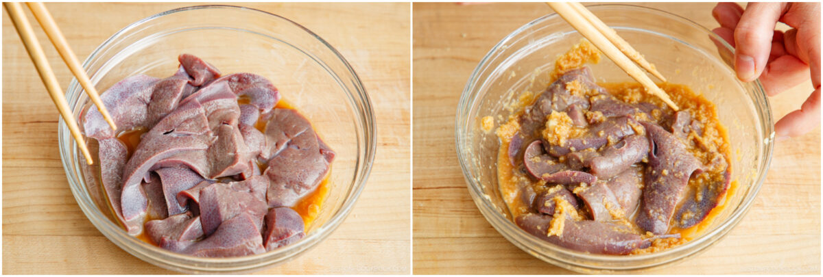 Two side-by-side images: On the left, sliced raw liver in a glass bowl with marinade. On the right, the liver is being mixed with marinade using chopsticks, with ingredients blending together. Both bowls are on a wooden surface.