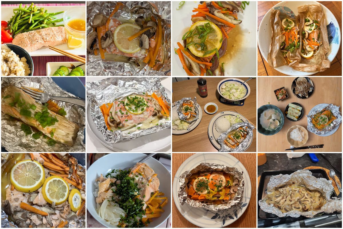 A collage of twelve images shows various salmon dishes cooked with vegetables, often wrapped in foil, and garnished with lemon slices or herbs. Some images include sides like rice or salad, and meals are plated or served in bowls.
