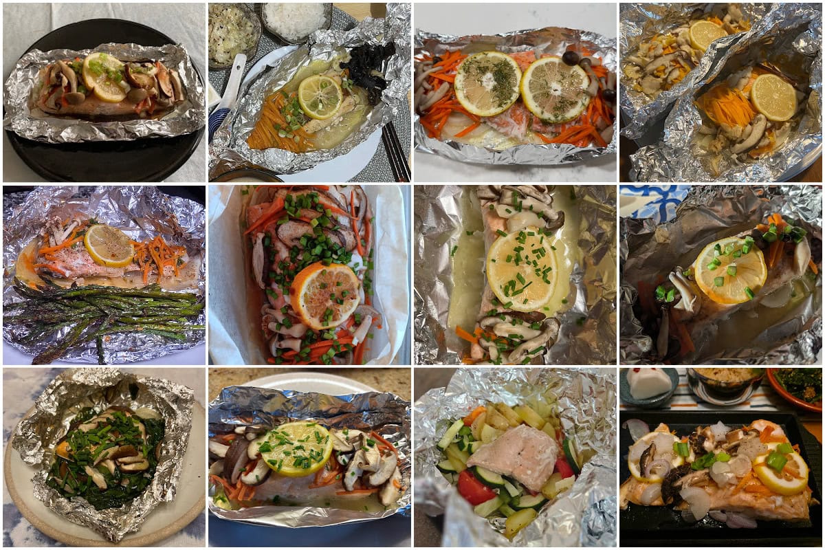 A collage of twelve photos shows various foil-baked fish dishes, each garnished with lemon slices, herbs, and vegetables like carrots, mushrooms, and asparagus, displayed on plates or baking trays.