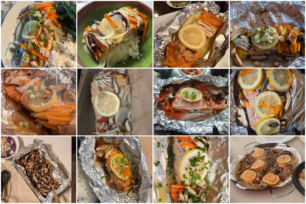 A collage of twelve images shows different stages and variations of fish fillets, mostly topped with sliced vegetables, mushrooms, and lemon, prepared and baked in foil, with some shots on plates or in bowls.