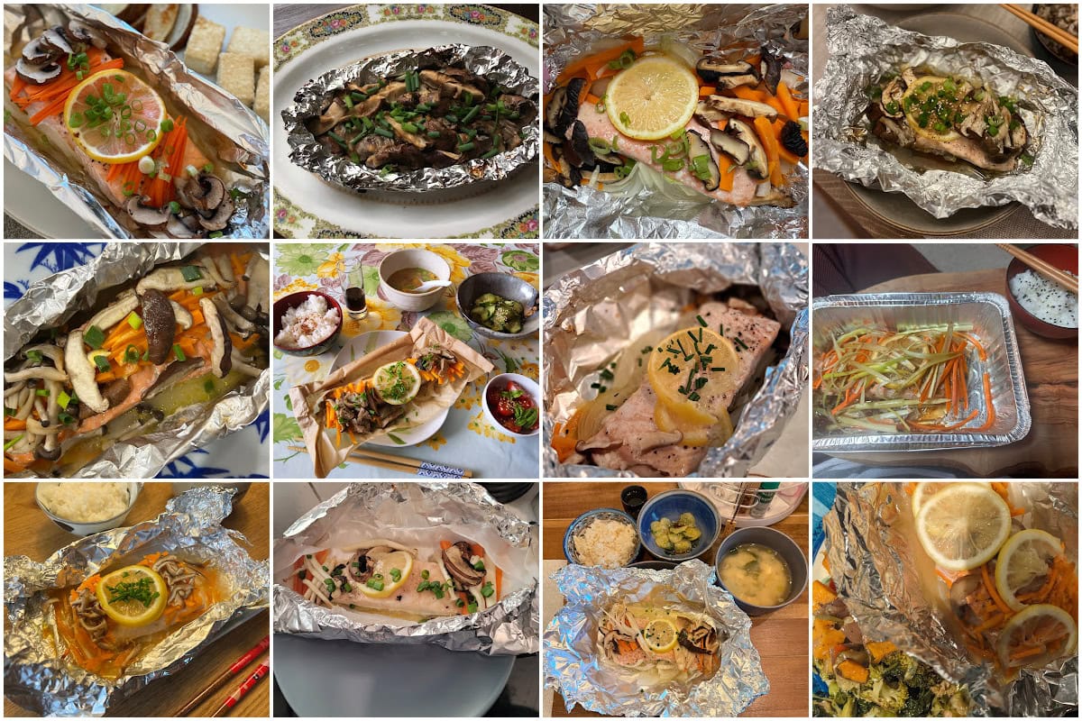 A collage of twelve photos shows various foil-baked fish dishes, each topped with vegetables, mushrooms, and lemon slices, arranged in different settings with some sides like rice and soup visible.