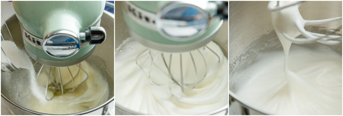 Three images show a stand mixer whipping egg whites: first with sugar being added, then forming soft peaks, and finally reaching stiff, glossy peaks in the metal mixing bowl.
