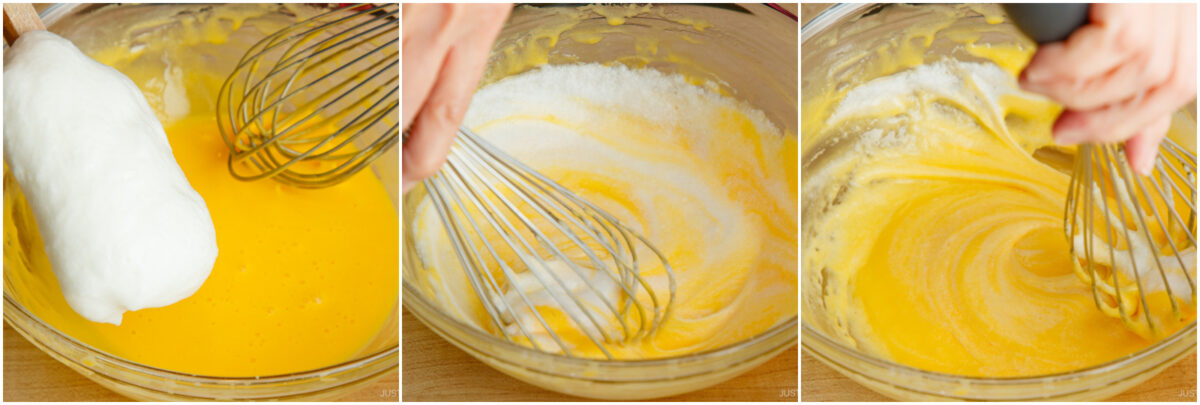 Three-panel image showing egg white foam being added to yellow batter, then whisked in, and finally the mixture becoming lighter and well-blended as whisking continues in a glass bowl.