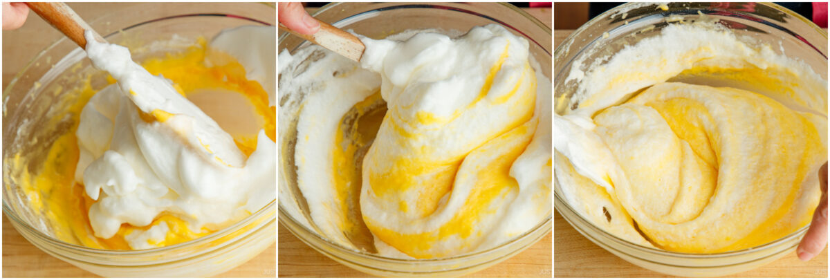 Three photos show a person folding fluffy beaten egg whites into a yellow batter in a glass bowl, gradually creating a smooth, airy mixture using a spatula.