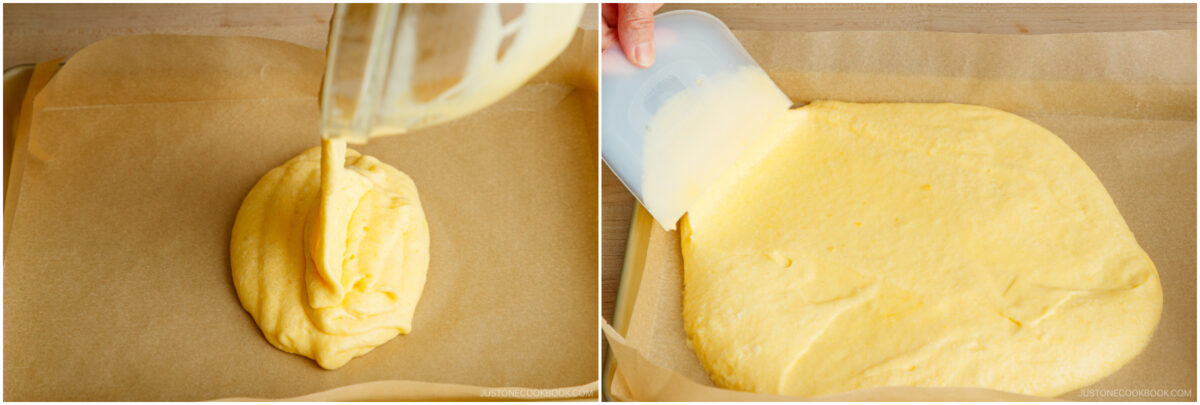 A collage shows cake batter being poured onto a parchment-lined baking tray on the left, and spread evenly with a spatula on the right.