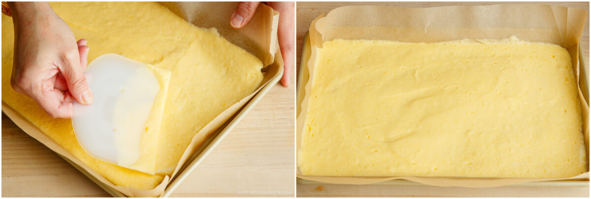Two images show a rectangular baking pan lined with parchment paper and sponge cake batter. In the left image, a hand uses a spatula to spread the batter evenly. The right image shows the leveled batter, ready to bake.