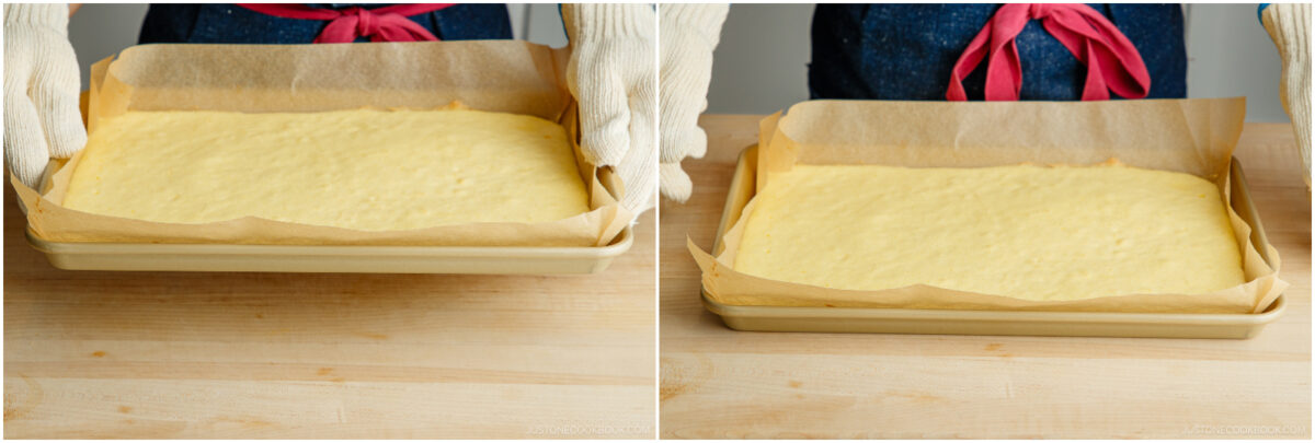 Two-panel image: A person wearing oven mitts and a blue apron with a pink bow holds a baking tray lined with parchment paper and filled with a baked yellow cake. The second panel shows the tray resting on a wooden surface.