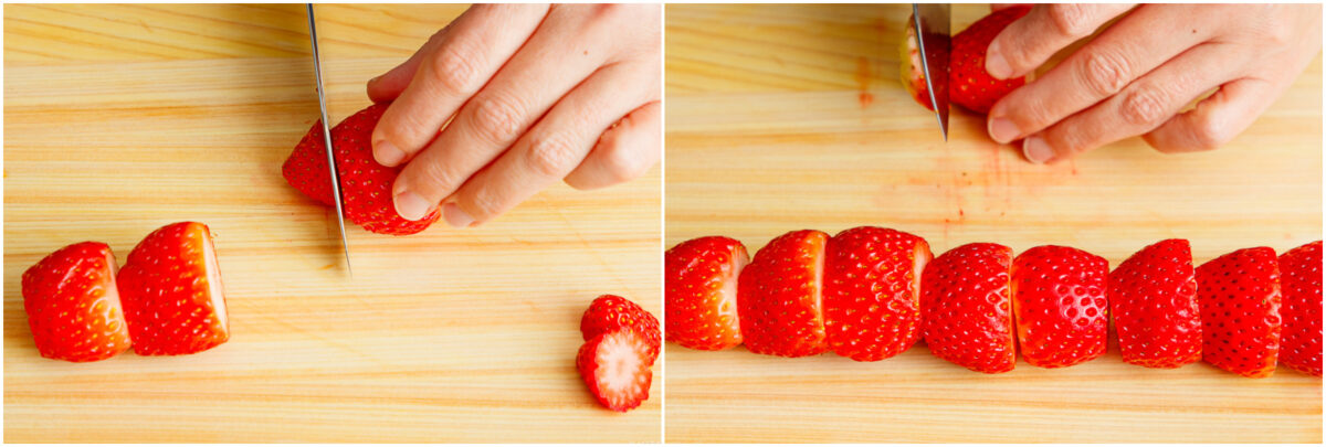 Close-up of hands slicing strawberries on a wooden cutting board. The left side shows a hand cutting the berry, while the right side shows several neatly sliced strawberry pieces in a row.